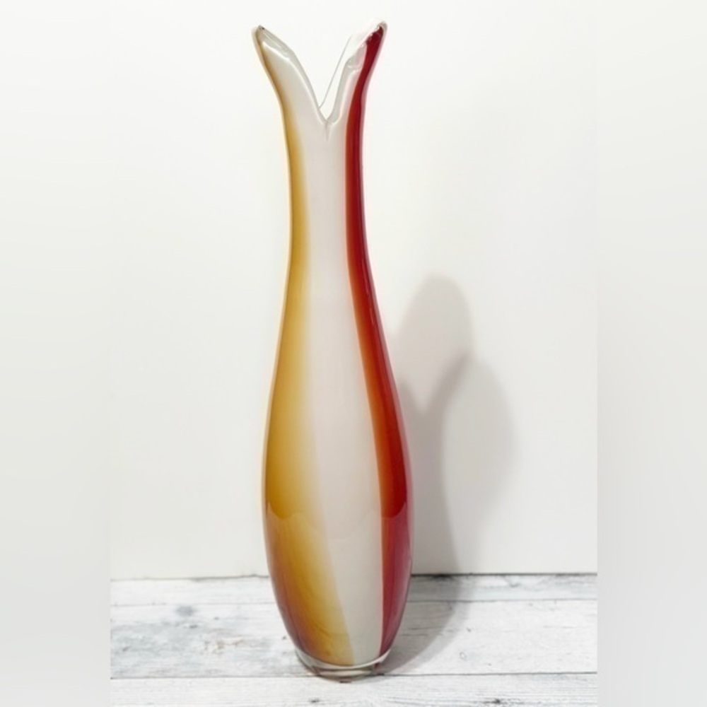 Gorgeous Unique Red, Cream & Yellow Tone Art Glass Murano Vase 21” High
